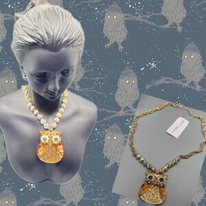 Betsey Johnson Gold Glitter Green Eye Owl Pendant Pave Double Chain Necklace